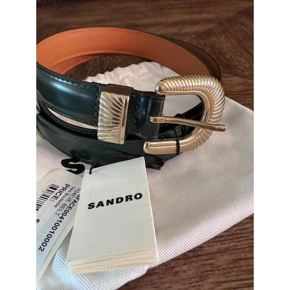 Sandro Paris Eve Leather Belt Vert Bouteille Green Gold Buckle Size 1 SFACE00410